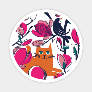 Hello Spring! // spot illustration with quote // orange tabby cat fuchsia pink Magnolia full bloom navy blue branches birds and lines Magnet